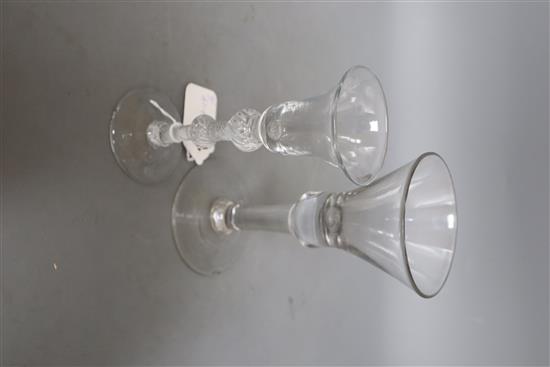 A mid 18th century airtwist stem wine glass and a mid 18th century drinking glass, tallest 17cm